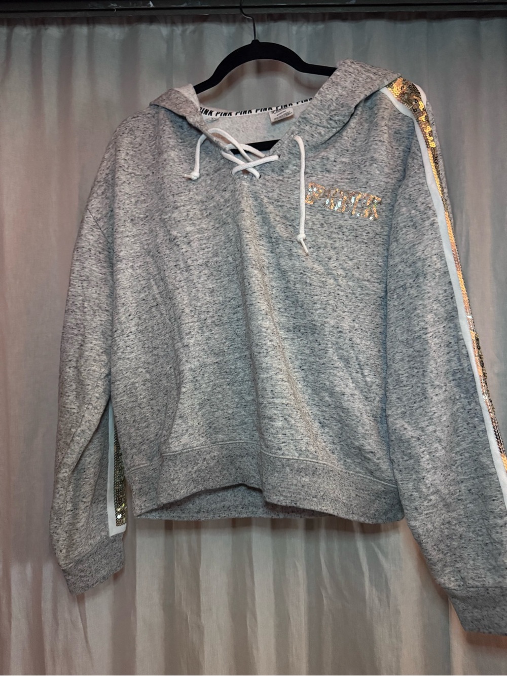 PINK Victoria's Secret Gray Lace-Up Hoodie with Gold Sequin Stripe